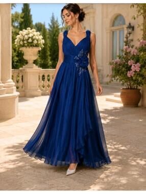 Montage By Mon Cheri Dress 16 Blue Formal Gown Flower Jeweled Applique #AA